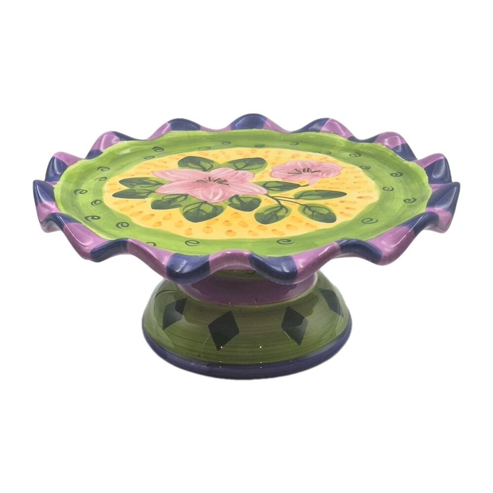 Vtg Milson Louis Handpainted Pedestal Cake Stand Floral Scalloped Rim 4.75x11"